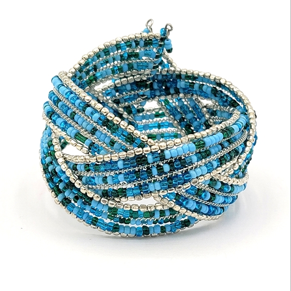 Wire Wrap Blue Seed Bead Woven Braided Wide Cuff Bracelet Vintage - Picture 4 of 8
